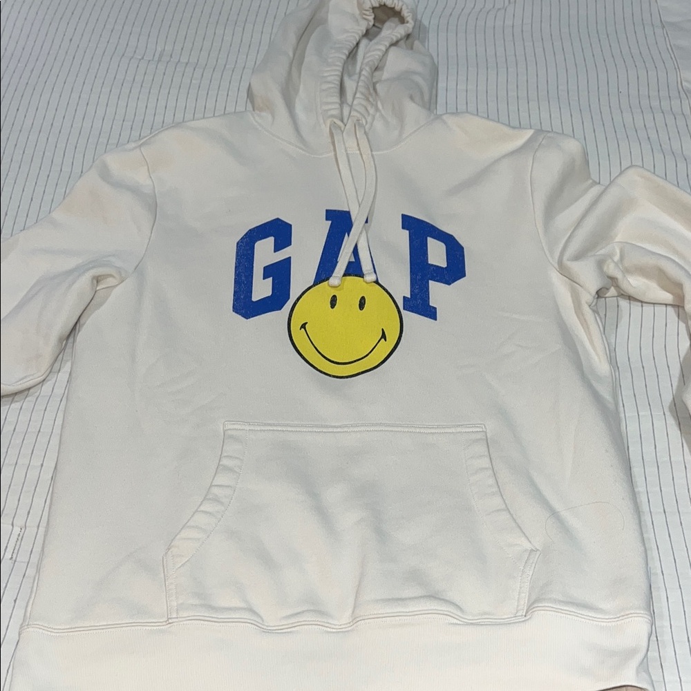 GAP Cream Hoodie with Blue Letters and Yellow Smiley